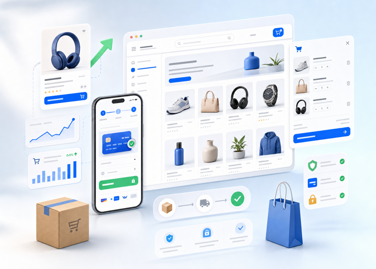 Moderner Online-Shop auf Laptop und Smartphone mit klarer Produktdarstellung